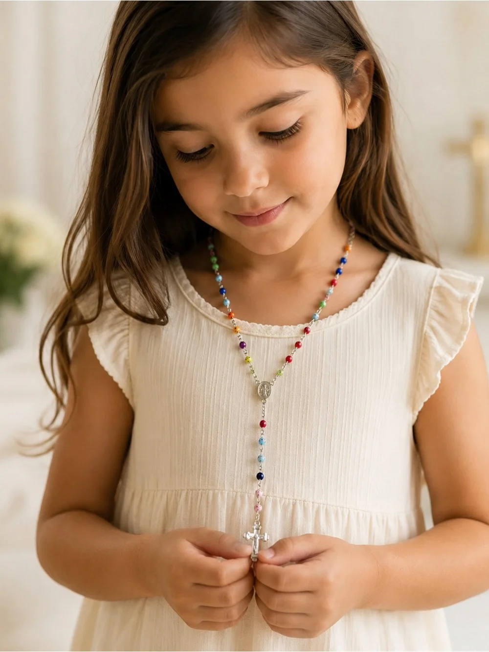 Multicolor Holy Rosary 4mm Plastic Beads Silver Tone Crucifix First Communion